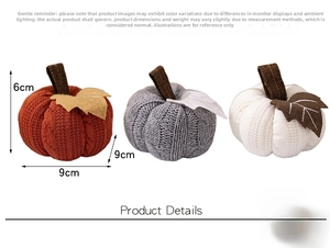 Detailed size view of three knitted pumpkins in orange, gray, and white with dimensions