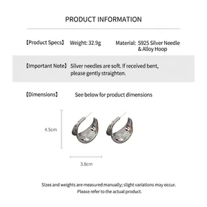 Detailed dimensions of silver-tone C-shape hoop earrings with 4.5cm height and 3.8cm width