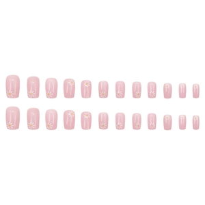 Pink press-on nail set with white daisy patterns, short square shape, 24 pieces included