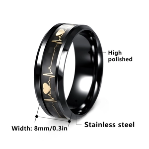8mm high polished black stainless steel ring with golden heartbeat pattern design