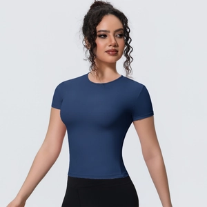 Detailed view of women's navy blue yoga t-shirt featuring elastic waist and slim fit cut