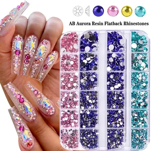 AB aurora colorful flatback resin rhinestones set in 24-grid box for nail art DIY