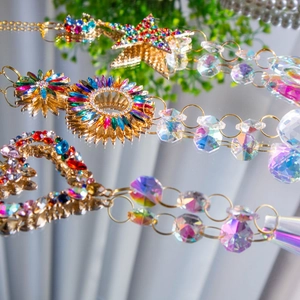 Golden sun star and heart crystal suncatcher garden decor with colorful rhinestones