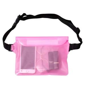 Pink waterproof PVC waist bag for swimming with large capacity and touch screen transparency