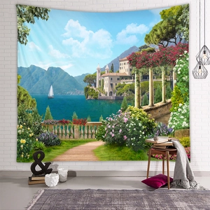 Detailansicht eines Wandteppichs mit italienischer Seen- und Gartenlandschaft für Zimmerdeko