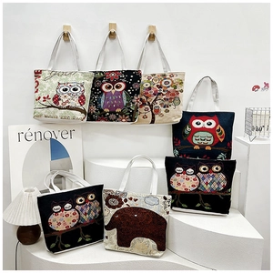 Ethnic style canvas tote bags with colorful owl and elephant embroidery patterns