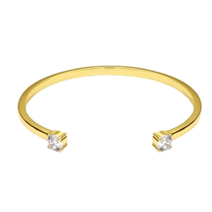Minimalist 18K gold-plated open bangle featuring two sparkling round zirconia stones