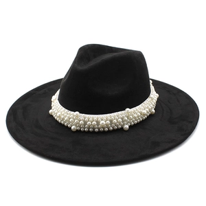 Classic black wide brim fedora hat with elegant pearl band detail for formal occasions