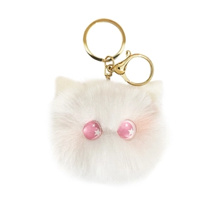 Cute white plush cat head keychain with starry pink eyes and golden metal clip attachment