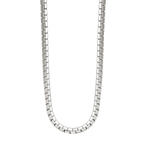 Detailed close-up of square link stainless steel chain necklace with metallic luster