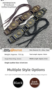 Detail view of Bohemian tassel belt with PU leather patches and metal ring connectors