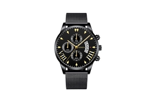 Detail of Geneva men's watch featuring a black mesh strap and three-eye chronograph dial