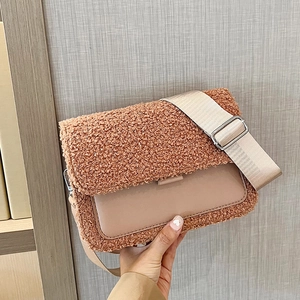 Women Fashion Lamb Wool PU Leather Patchwork Crossbody Bag Soft Fleece Small Square Shoulder Bag With Wide Adjustable Strap