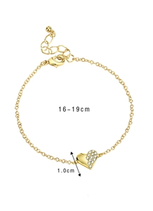 Detail view of gold heart bracelet showing 16-19cm length and 1.0cm pendant size
