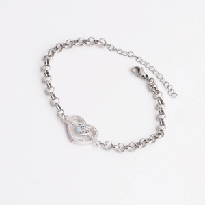Silver-toned heart pendant bracelet with multi-colored cubic zirconia and adjustable chain