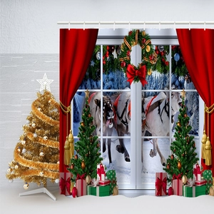 Detail of 3D digital print Christmas shower curtain with red reindeer and festive scenery