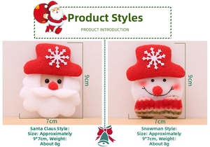 Detailed view of Santa and Snowman felt Christmas brooches with size 9x7cm specifications