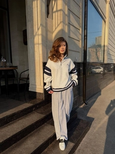 Women's college style grey half-zip sweatshirt and wide-leg joggers set with embroidery