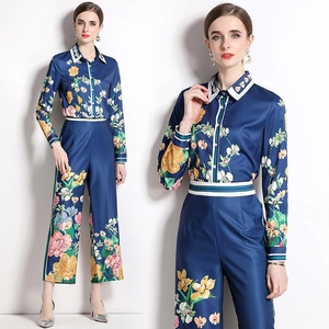 Women Floral Print Satin Outfits Long Sleeve Shirt And Wide Leg Pants Elegant Casual Fashionable