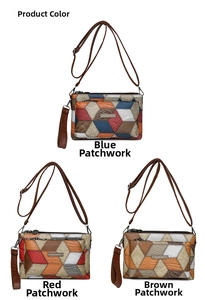 Close-up of litchi texture patchwork handbag with multi-color panels and metal logo