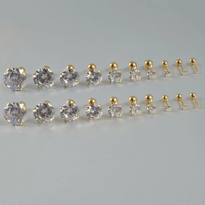 Set of 10 pairs stainless steel cubic zirconia stud earrings in assorted sizes and gold finish