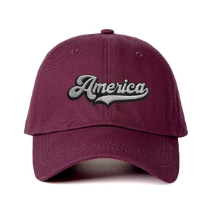 Casquette de baseball rétro bordeaux en coton avec broderie America 3D et visière courbée