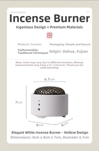 Detail showing dimensions 8x8x7cm of a modern white ceramic incense burner with metal lid