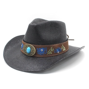 Dark brown woven western cowboy hat with turquoise stone and floral embroidery