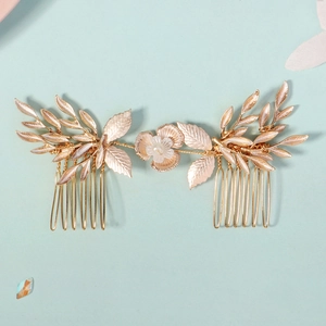 Handmade golden bridal hair combs with alloy leaves and faux pearl resin flowers