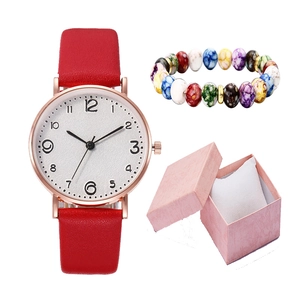 Red leather strap quartz watch set with colorful beaded bracelet in a pink gift box