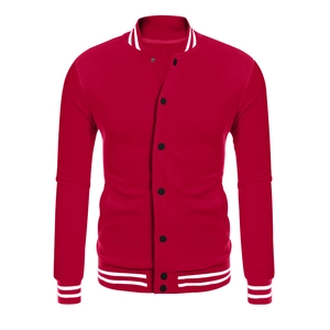 Detail of red varsity jacket featuring white striped ribbed cuffs and black snap buttons