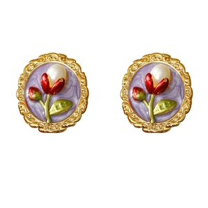 French baroque pearl earrings with golden lace frame and vintage enamel flower design