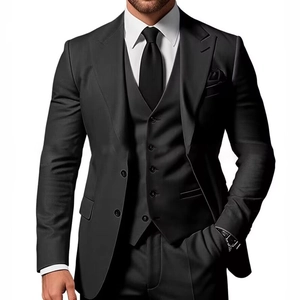 Men's slim fit three-piece business suit in classic black with blazer vest and trousers