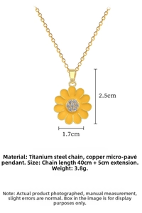 Detail view of yellow sunflower pendant with titanium steel chain, 2.5x1.7cm size