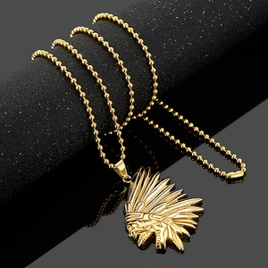 Gold stainless steel necklace featuring a native Indian chief pendant on a bead chain