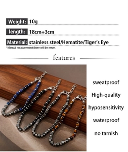 Detailed view of beaded bracelets in tiger eye and lapis lazuli with stainless steel links