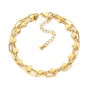 Adjustable golden stainless steel double chain bracelet with heart pendant for women