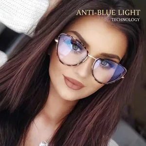 Fashionable tortoise cat eye blue light blocking glasses with gold metal bridge and temples