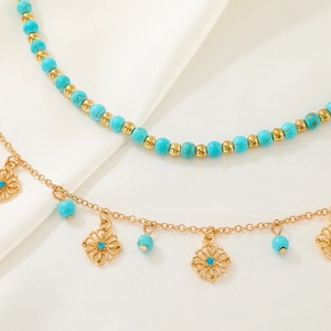 Retro two-piece set of turquoise bead necklace and gold flower pendant chain for women