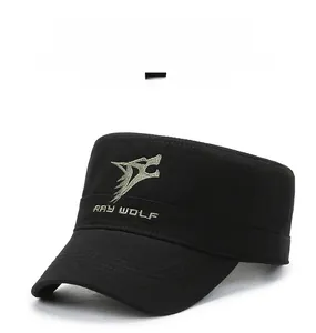 Detail of Ray Wolf wolf head embroidery on black cotton flat top outdoor fishing hat