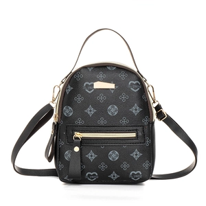 Women's black mini backpack with heart print and gold zipper on white background