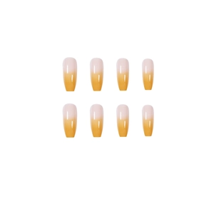 Glossy orange soda gradient press-on nails in medium-long coffin shape on white background