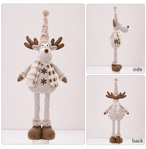 Three views of a Christmas reindeer plush with knitted scarf and snowflakes showing front and back