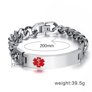 Bracelet d'alerte médicale en acier inoxydable poli avec dimensions sur fond blanc