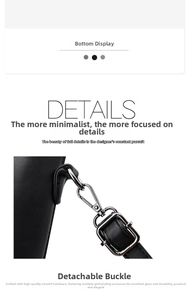 Detail of detachable silver metal buckle on a black high-quality leather handbag