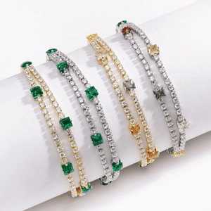 Women Zircon Tennis Bracelet Double Strand Square Cut Multi Color Brass Jewelry Fashion Trendy Hip Hop Style
