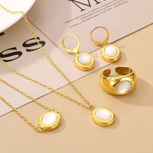French Style Oval White Cat Eye Stone Jewelry Titanium Steel Necklace Bracelet Leverback Earrings Adjustable Ring Women