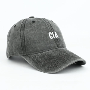 Washed dark gray baseball cap with white CIA letter embroidery in a retro vintage style