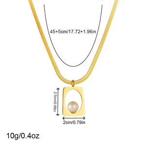 Gold snake chain necklace with irregular pearl square pendant and product dimensions