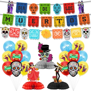Detailed set of Dia de Muertos party decorations with colorful skull banners and balloons